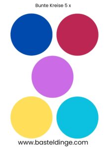 5 x bunte Kreise in blau, rot, lila, gelb, türkis